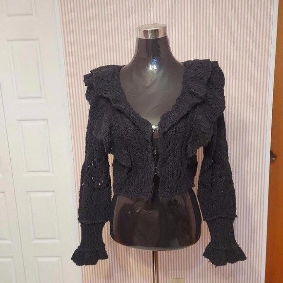Free People Whimsigoth Knit Cardigan Small Ruffled Open Knit Fairy Grunge - Picture 3 of 12